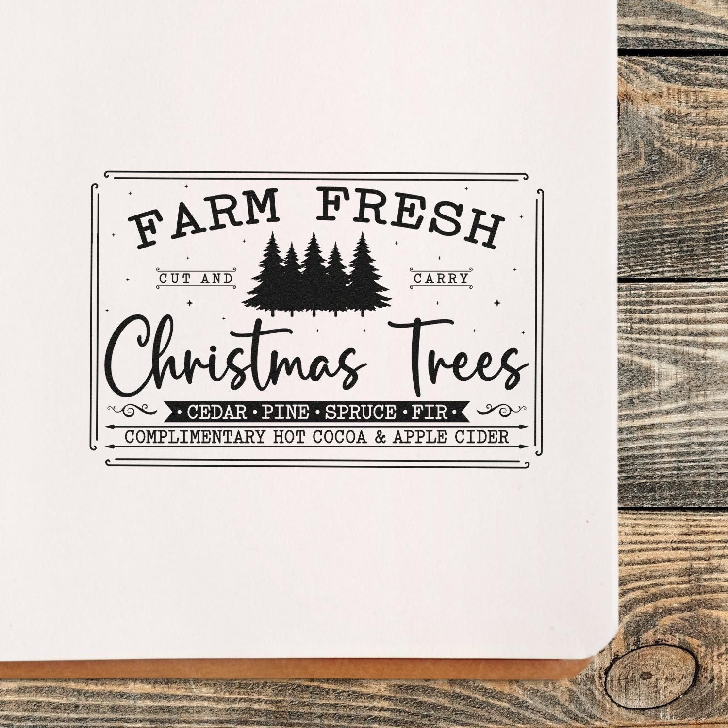Farm Fresh Christmas Trees rubber stamp with pine tree graphic, ideal for holiday craft packaging and winter market branding.