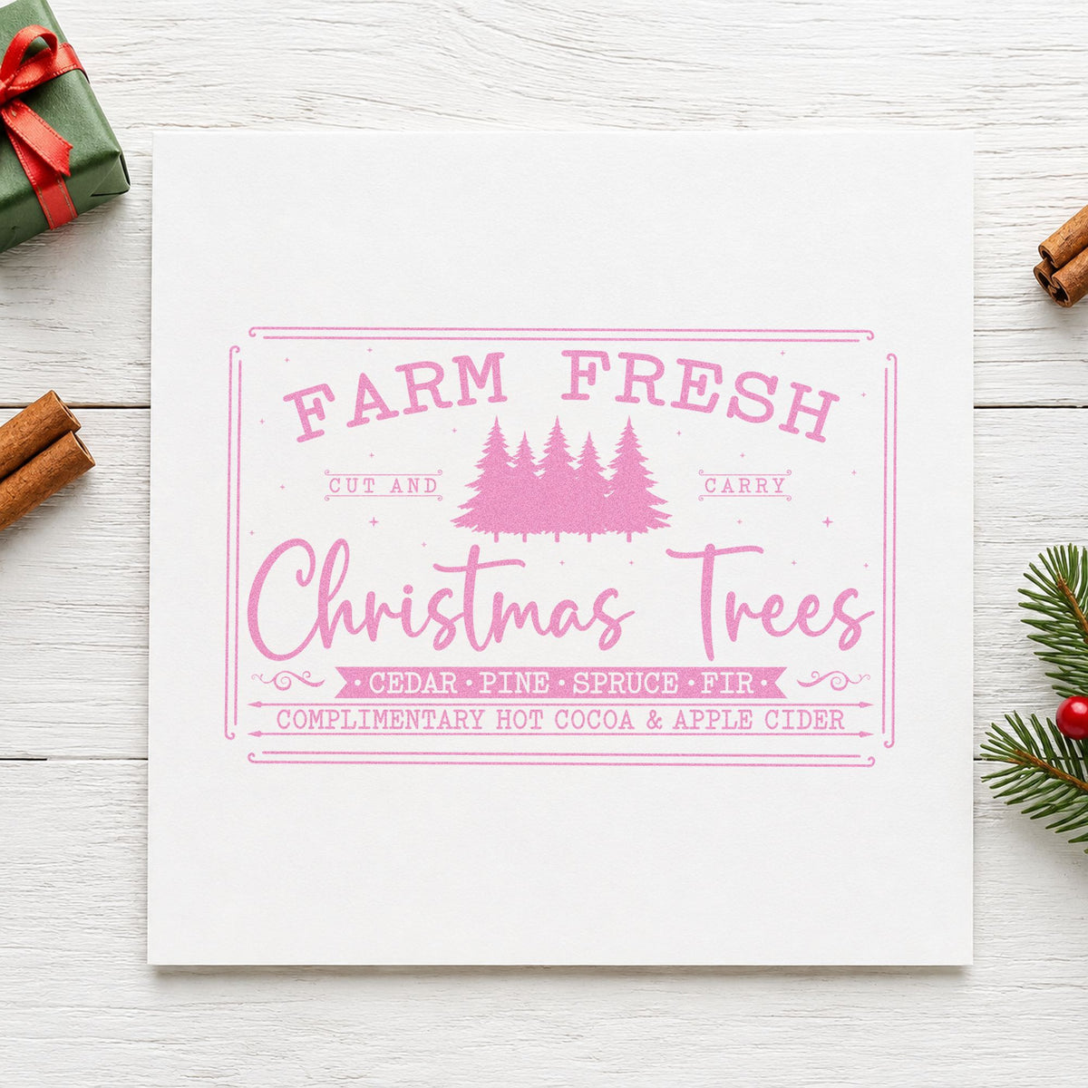 Farm Fresh Trees Framed Sign craft stamp in purple ink on cardstock, an easy option for stand album page.