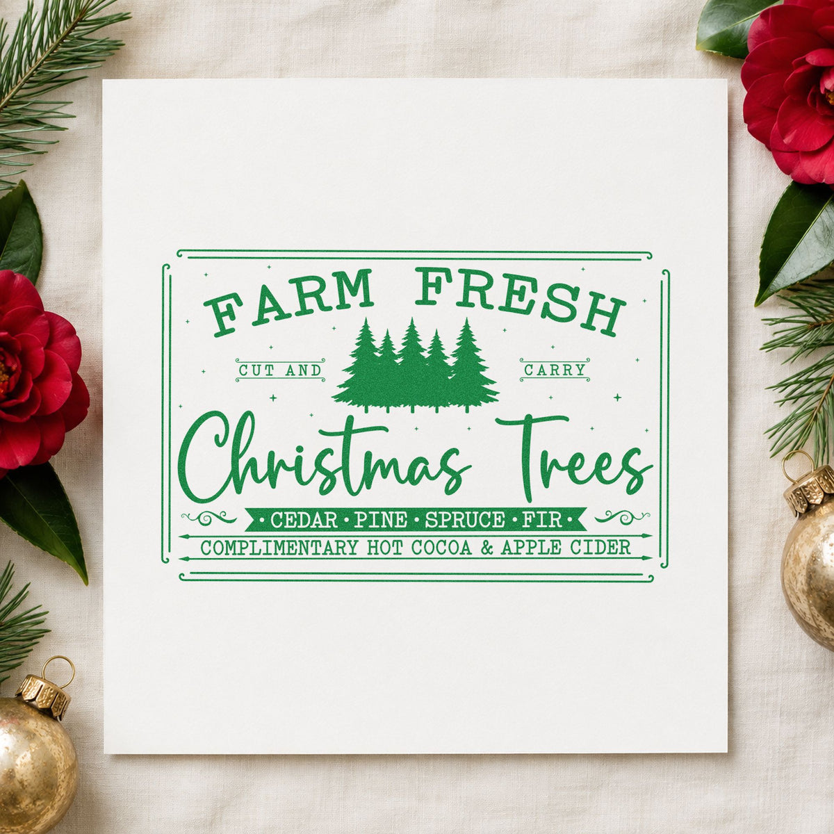 Farm Fresh Trees Framed Sign craft stamp imprint in green ink on a handmade project, one idea being drink cup tags.