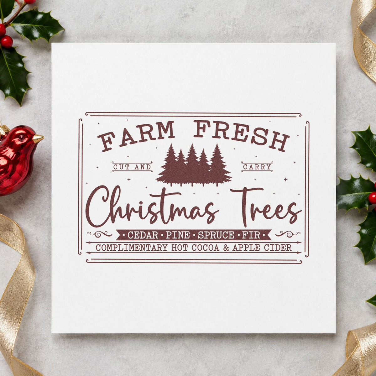 Farm Fresh Trees Framed Sign rubber stamp printed in brown ink, ready for concession sheet and similar paper crafts.