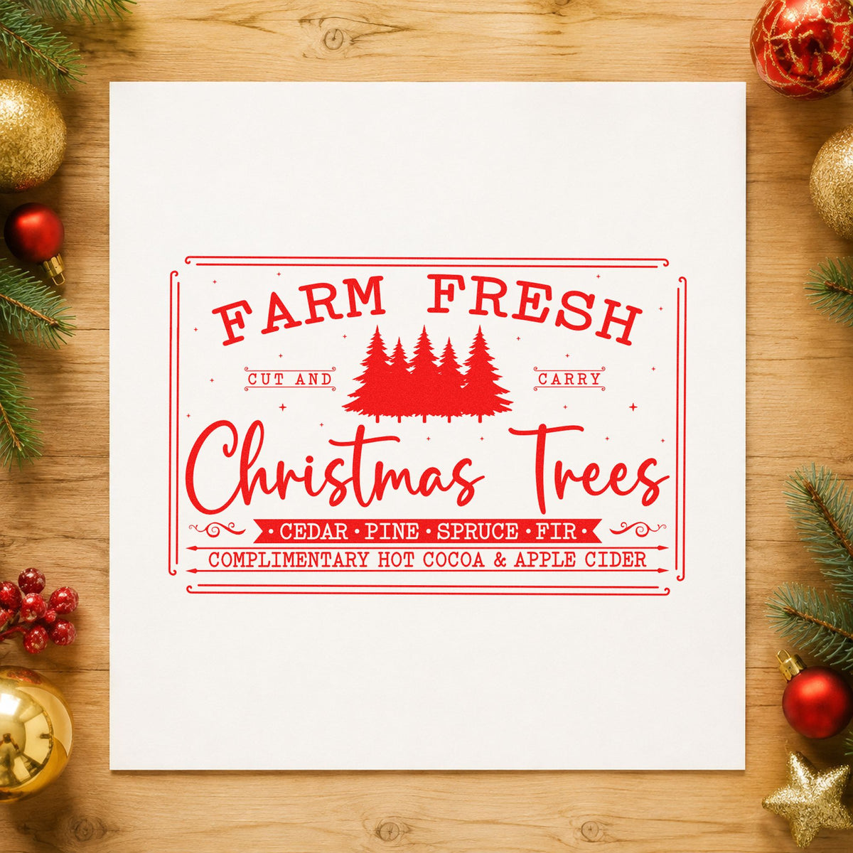 Farm Fresh Trees Framed Sign craft stamp in red ink on cardstock, an easy option for serving apron printing.