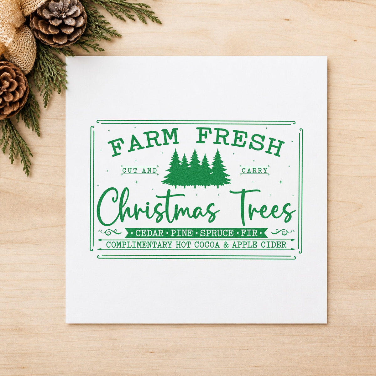 Farm Fresh Trees Framed Sign craft stamp imprinted in green ink on paper, a design suited to framed counter back.