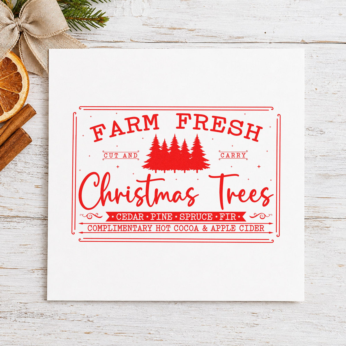 Farm Fresh Trees Framed Sign rubber stamp shown in red ink, stamped for projects such as urn spout labels.