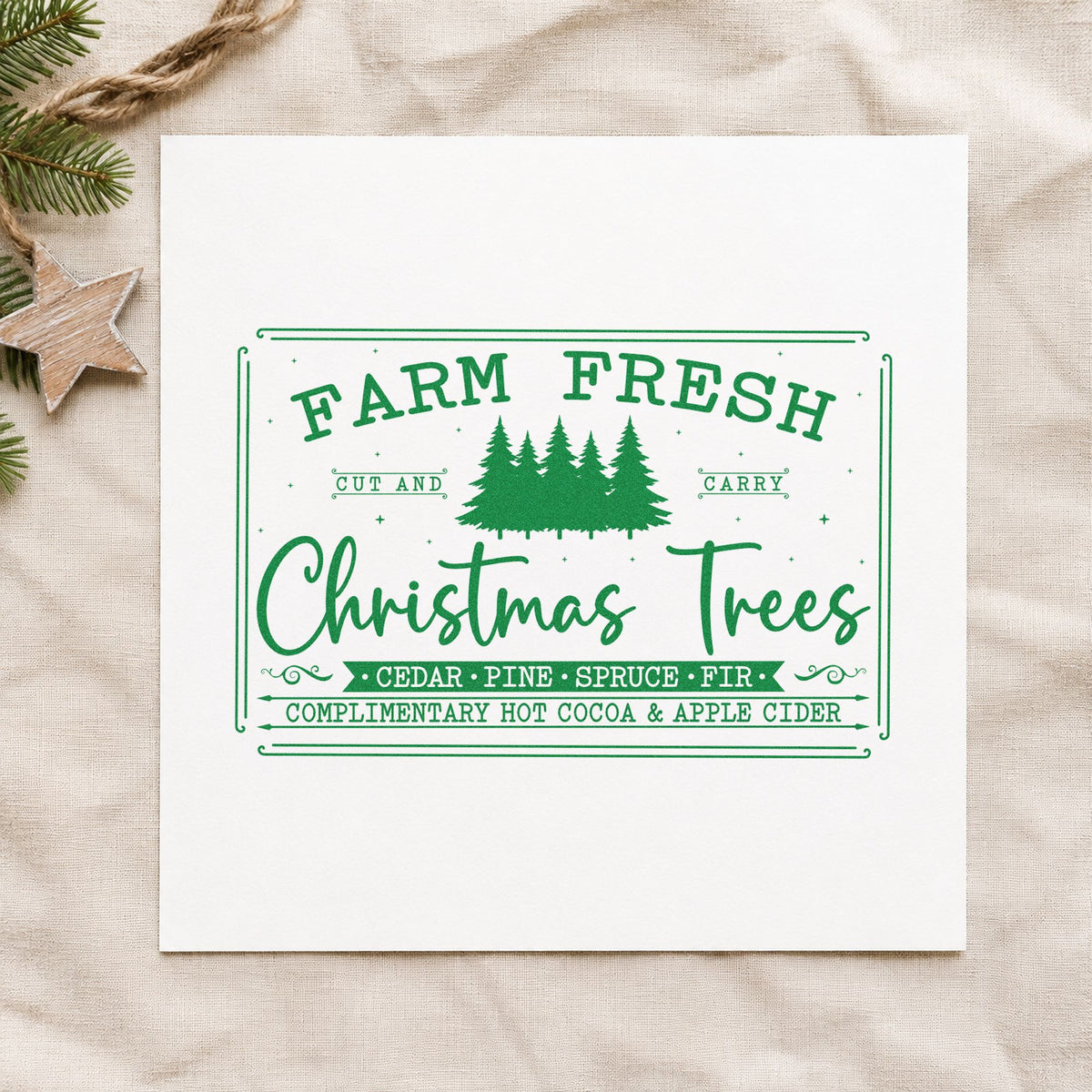 Farm Fresh Trees Framed Sign craft stamp imprint in green ink on a handmade project, one idea being menu board slips.