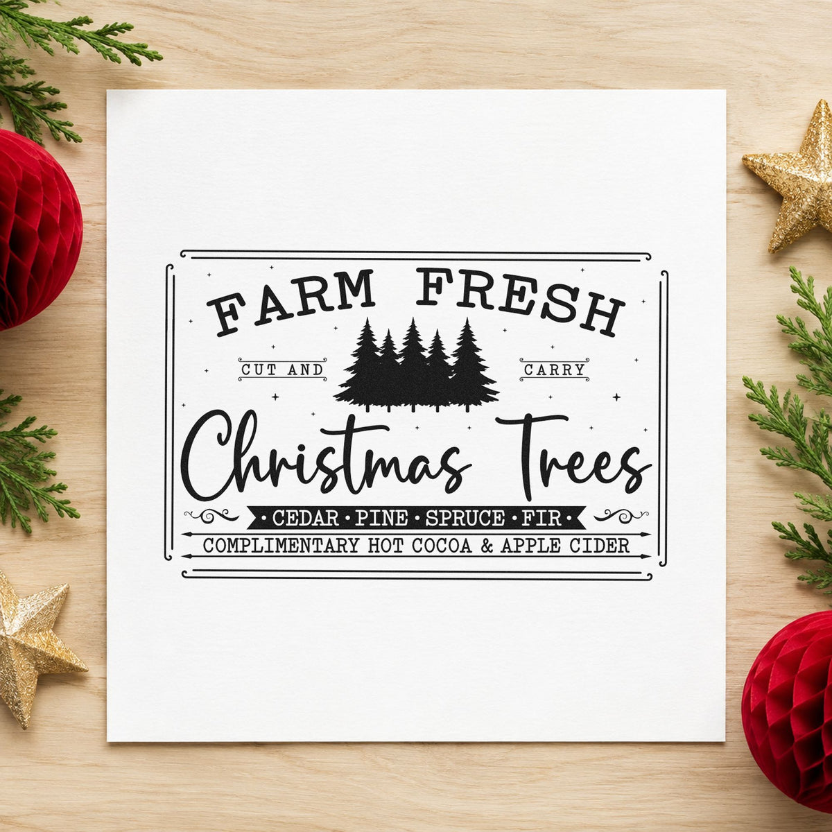 Farm Fresh Trees Framed Sign rubber stamp printed in black ink, ready for cocoa and cider cards and similar paper crafts.