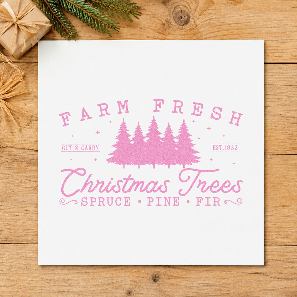 Farm Fresh Christmas Tree Row craft stamp in purple ink on cardstock, an easy option for layout study album.