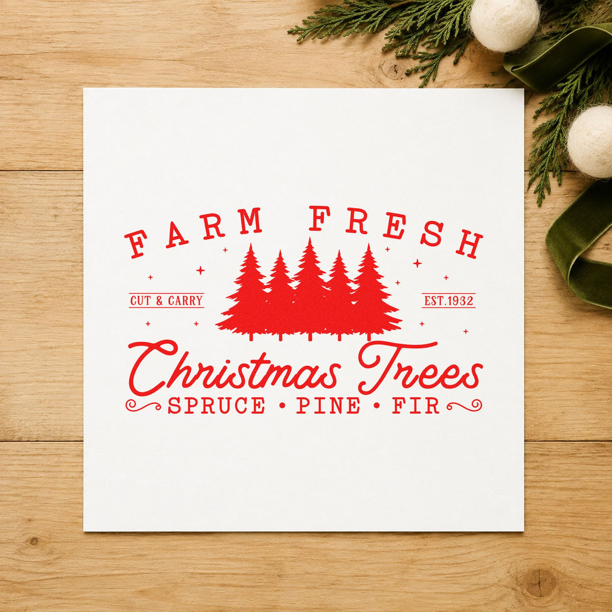 Farm Fresh Christmas Tree Row rubber stamp shown in red ink, stamped for projects such as row marker labels.