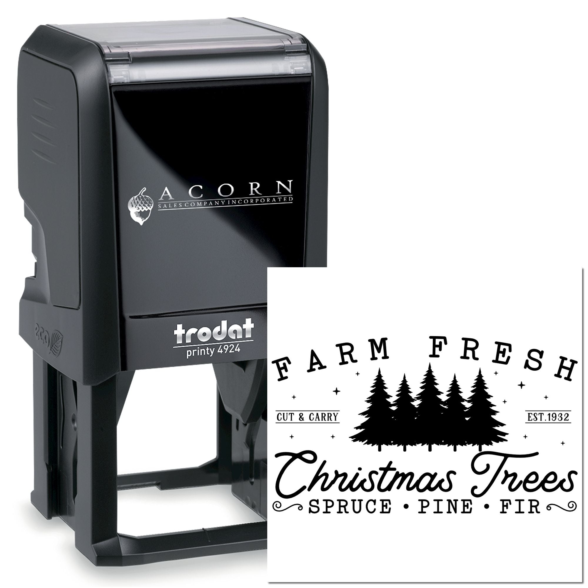Trodat self-inking rubber stamp for Farm Fresh Christmas Trees with custom logo and spruce, pine and fir branding.