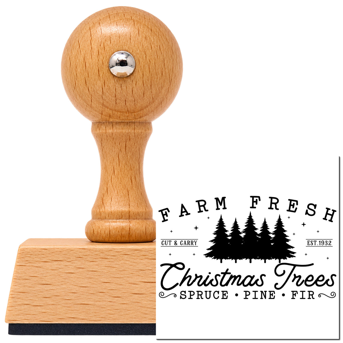 Farm Fresh Christmas Tree Row Vintage Pro rubber stamp in European beech wood with a round knob handle, shown beside its black imprint.