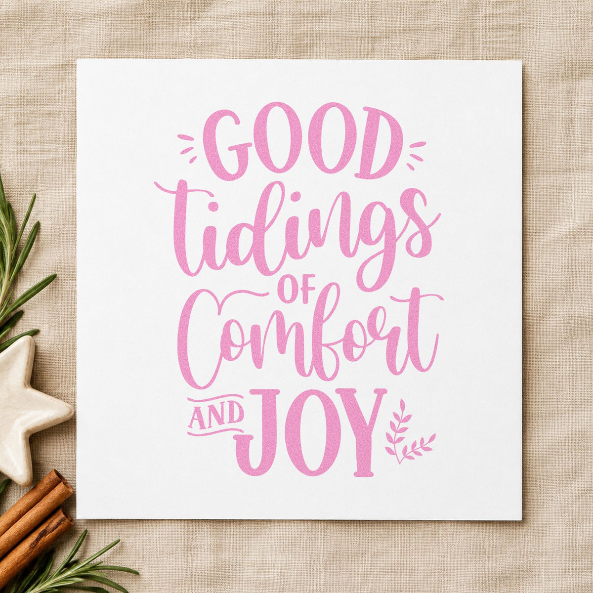 Good Tidings Comfort And Joy craft stamp in purple ink on cardstock, an easy option for care album page.