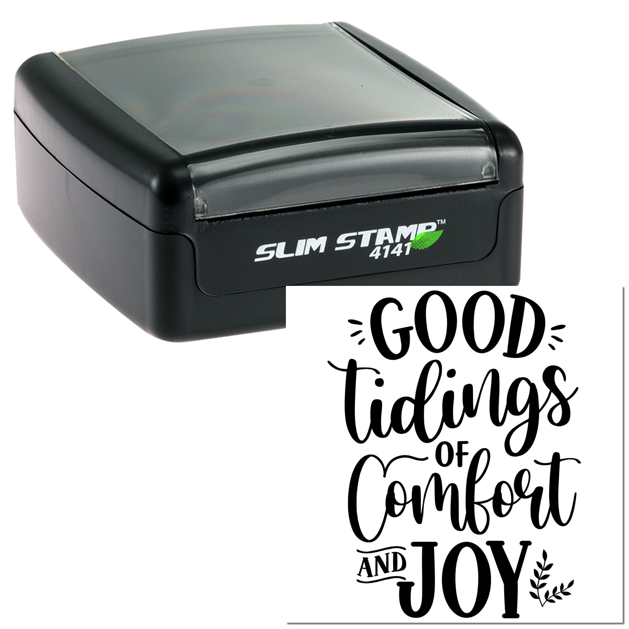 Self-inking rubber stamp featuring Good Tidings of Comfort and Joy for Christmas cards and holiday crafting.