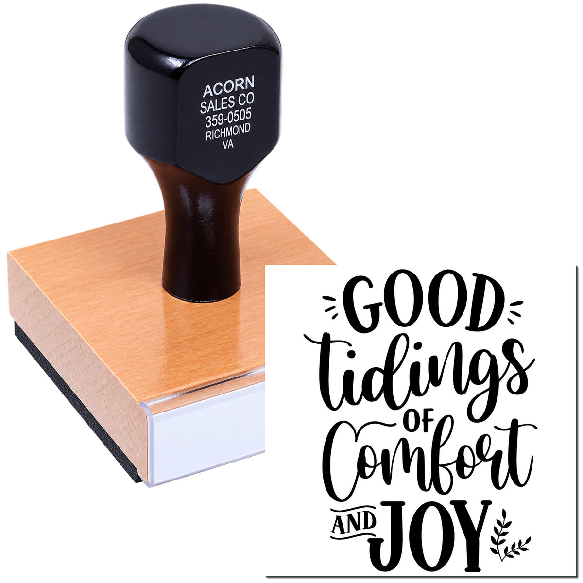 Custom holiday rubber stamp with Good Tidings of Comfort and Joy design for festive cards, crafts, and gift wrapping.