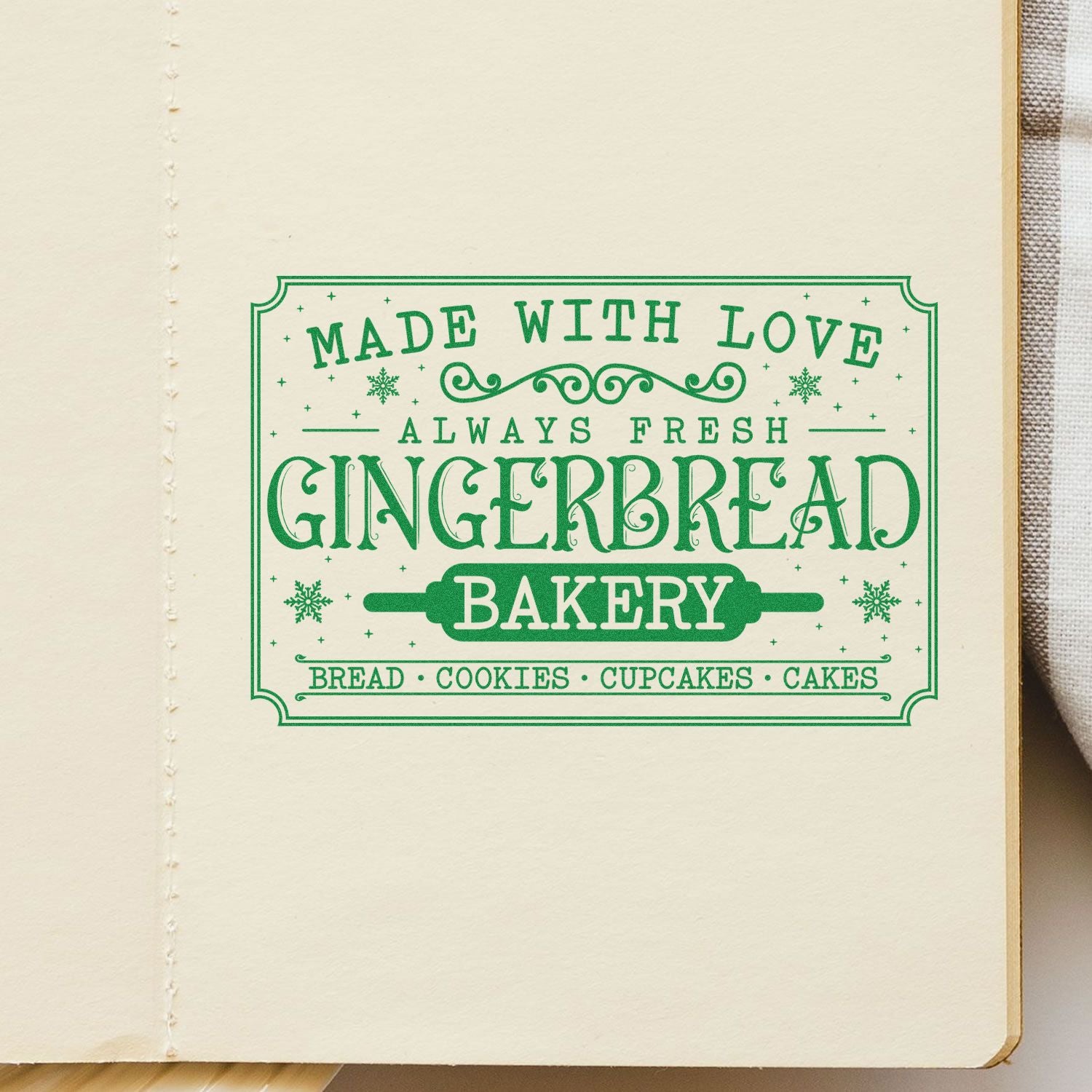 Vintage green gingerbread bakery rubber stamp design for packaging, with Made with Love and fresh bread, cookies, cupcakes, and cakes.