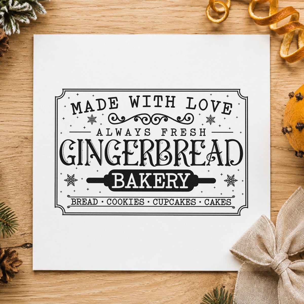 Gingerbread Bakery Vintage Sign rubber stamp printed in black ink, ready for bakery sign cards and similar paper crafts.