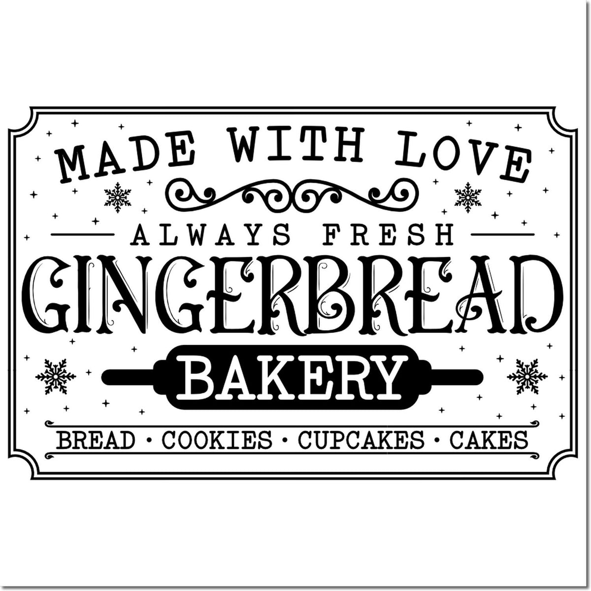 Vintage gingerbread bakery rubber stamp design with Made with Love, Always Fresh and bread, cookies, cupcakes, and cakes.