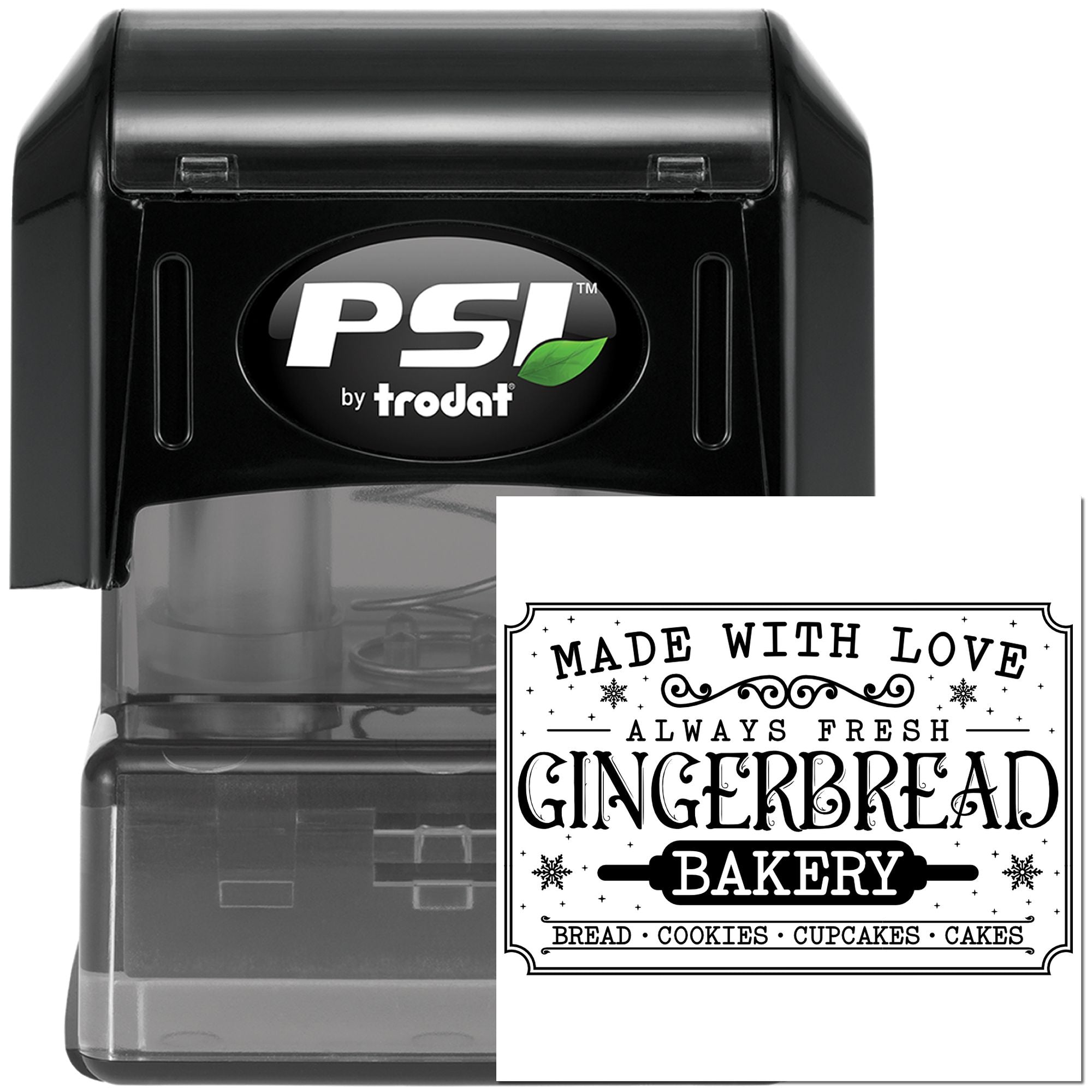 PSI by Trodat self-inking bakery rubber stamp with Made with Love gingerbread design for bread, cookies, cupcakes and cake packaging.