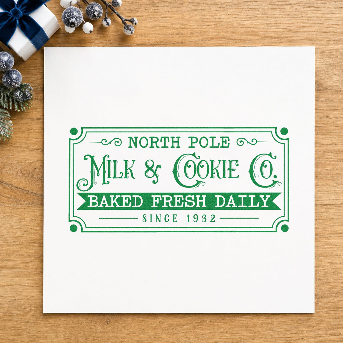 North Pole Milk Cookie Company craft stamp imprint in green ink on a handmade project, one idea being bottle collar tags.