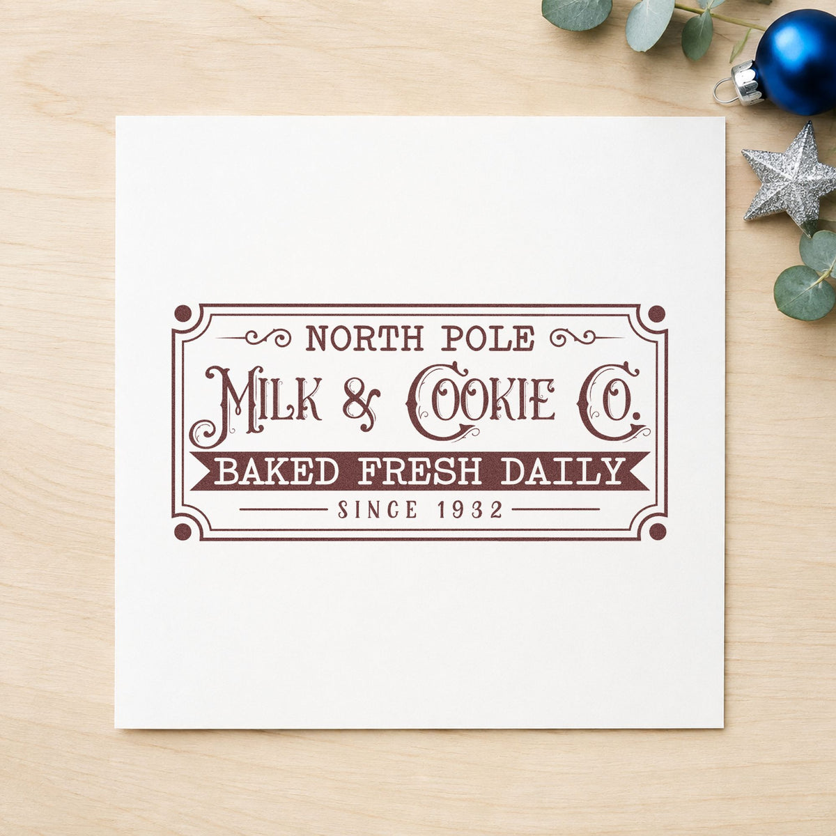 North Pole Milk Cookie Company rubber stamp printed in brown ink, ready for delivery log sheet and similar paper crafts.