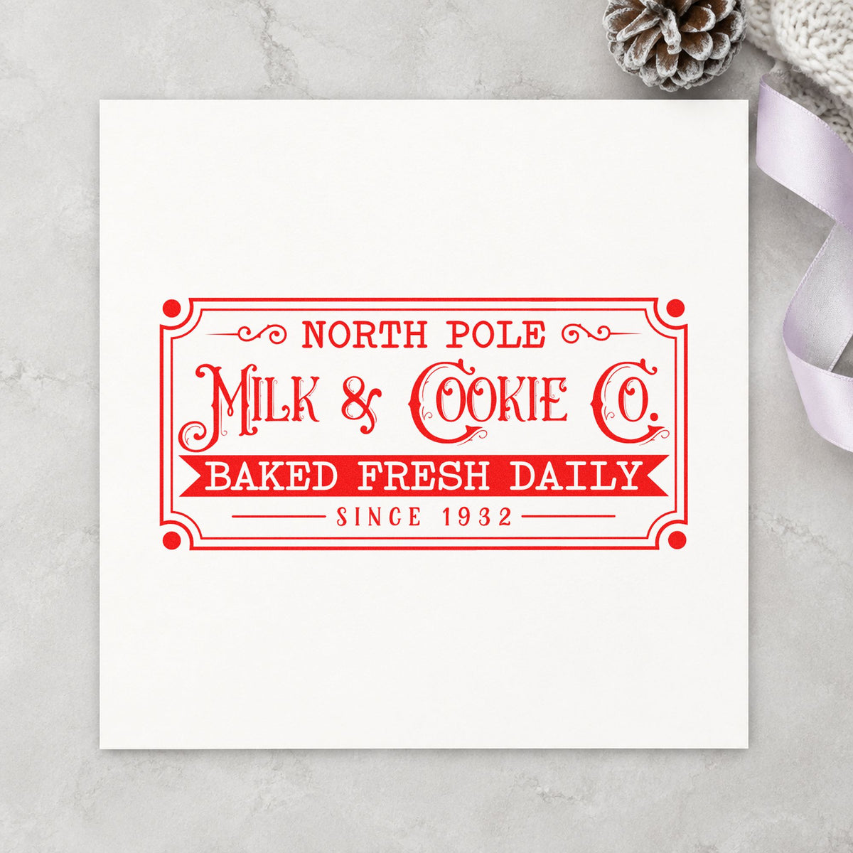 North Pole Milk Cookie Company rubber stamp shown in red ink, stamped for projects such as cooler shelf labels.