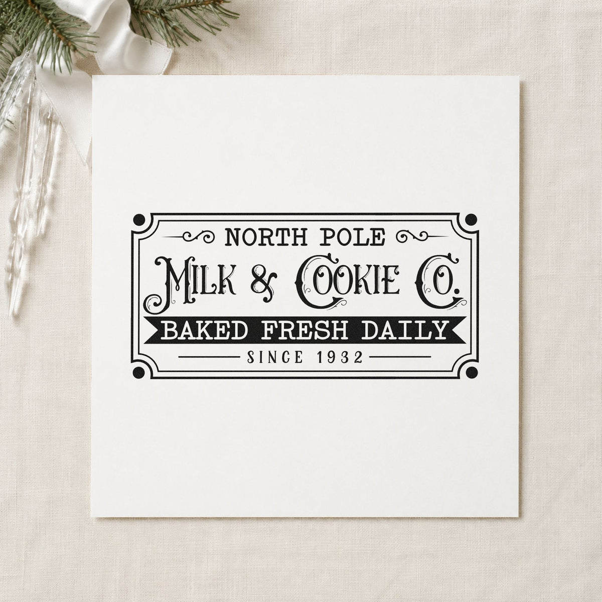North Pole Milk Cookie Company rubber stamp printed in black ink, ready for rectangular sign cards and similar paper crafts.