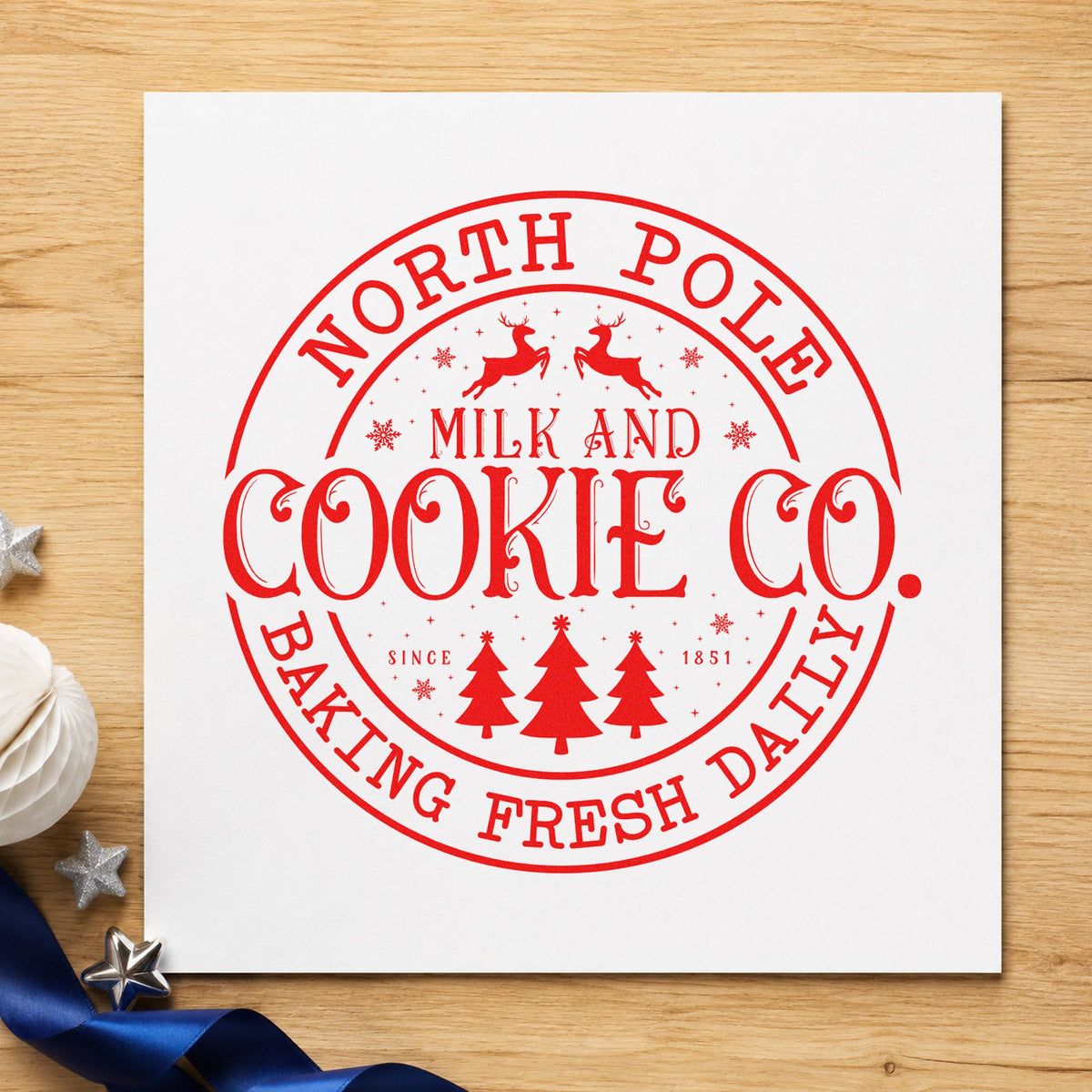 North Pole Cookie Company Circle craft stamp in red ink on cardstock, an easy option for patch disc printing.