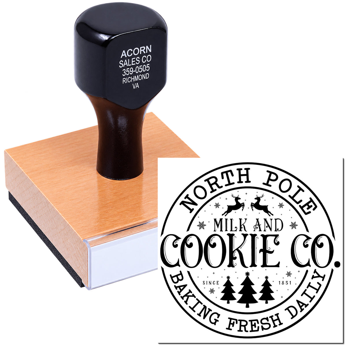 Custom holiday rubber stamp for bakery branding, featuring a North Pole Milk and Cookie Co. design.
