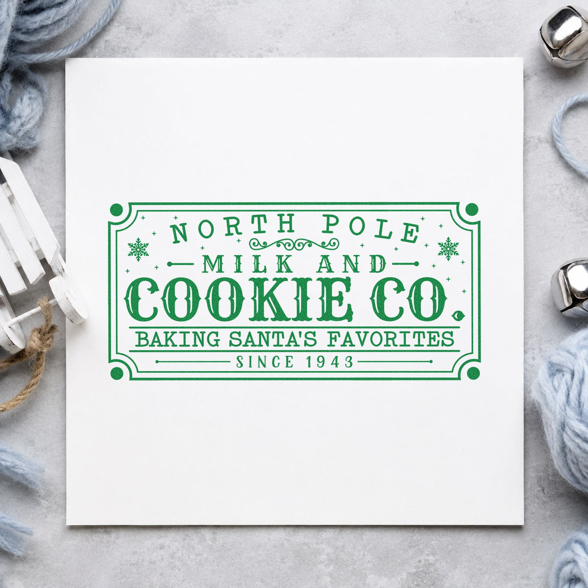 North Pole Santa's Favorites Sign craft stamp imprinted in green ink on paper, a design suited to framed counter wall.