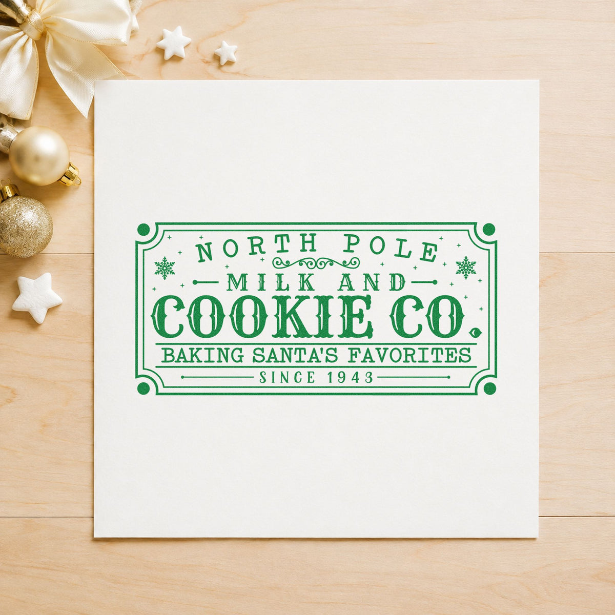North Pole Santa's Favorites Sign craft stamp imprint in green ink on a handmade project, one idea being anniversary slips.
