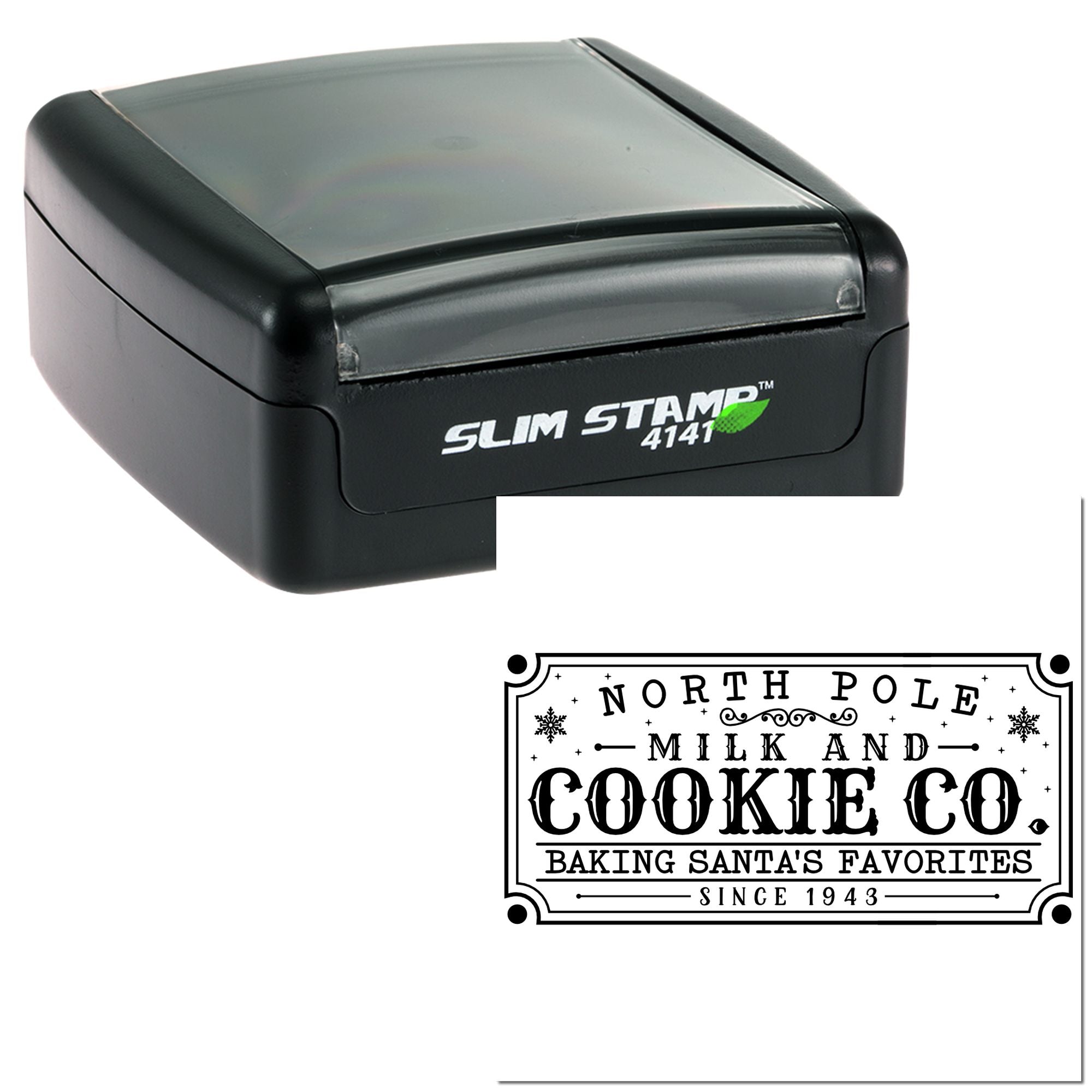 Custom self-inking rubber stamp with North Pole Milk and Cookie Co holiday bakery logo for festive packaging