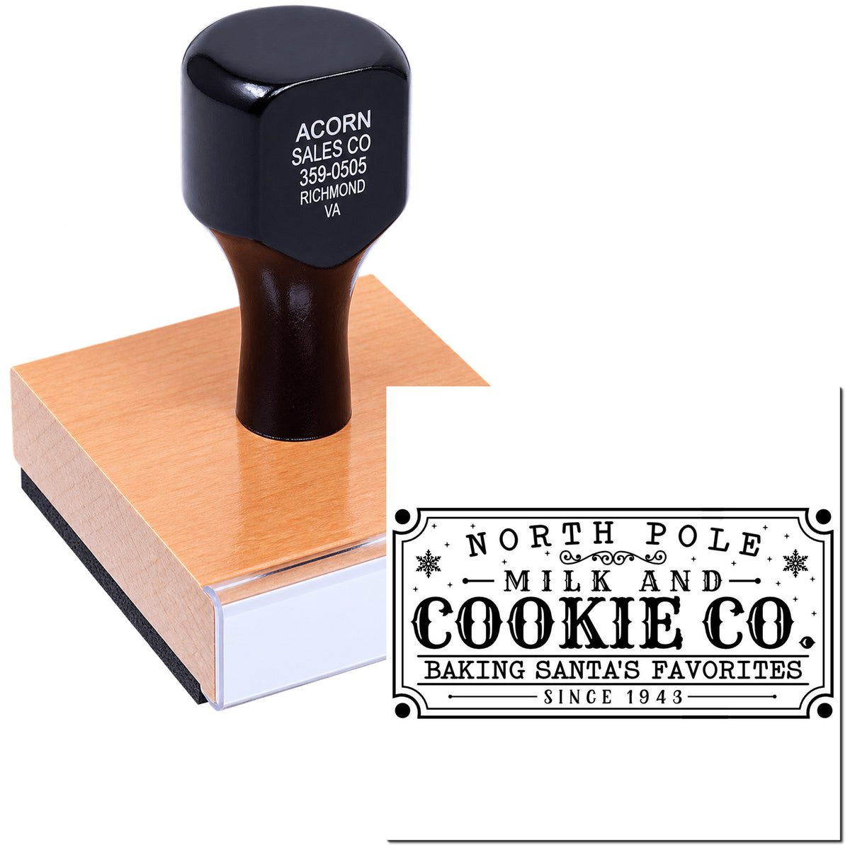 Custom rubber stamp and sample imprint for bakery branding, featuring a festive North Pole Milk and Cookie Co design.