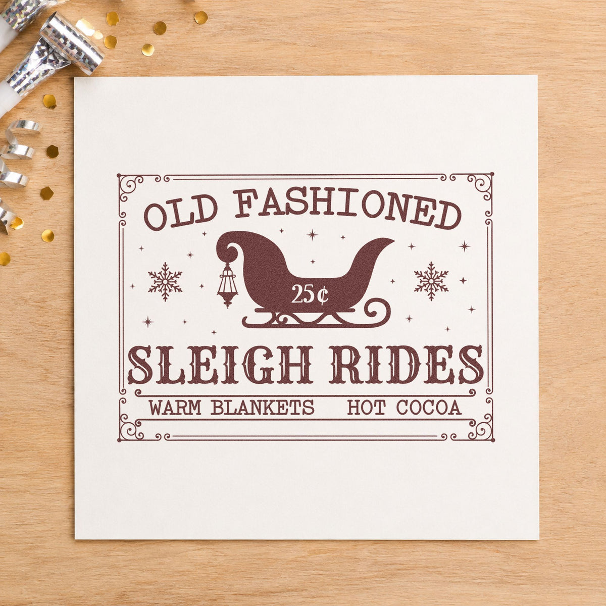 Old Fashioned Sleigh Rides rubber stamp printed in brown ink, ready for booking grid sheet and similar paper crafts.