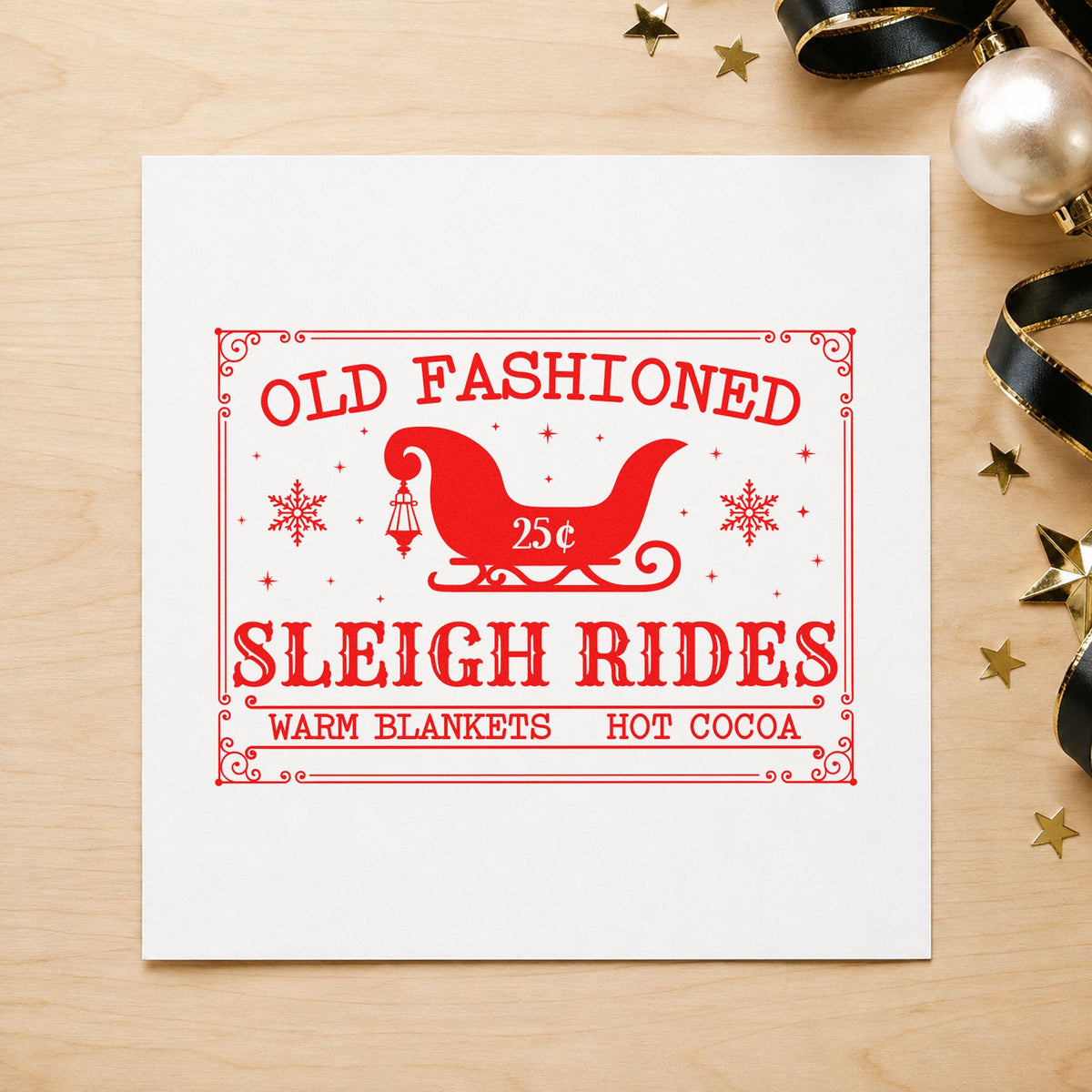 Old Fashioned Sleigh Rides craft stamp in red ink on cardstock, an easy option for lap cover printing.