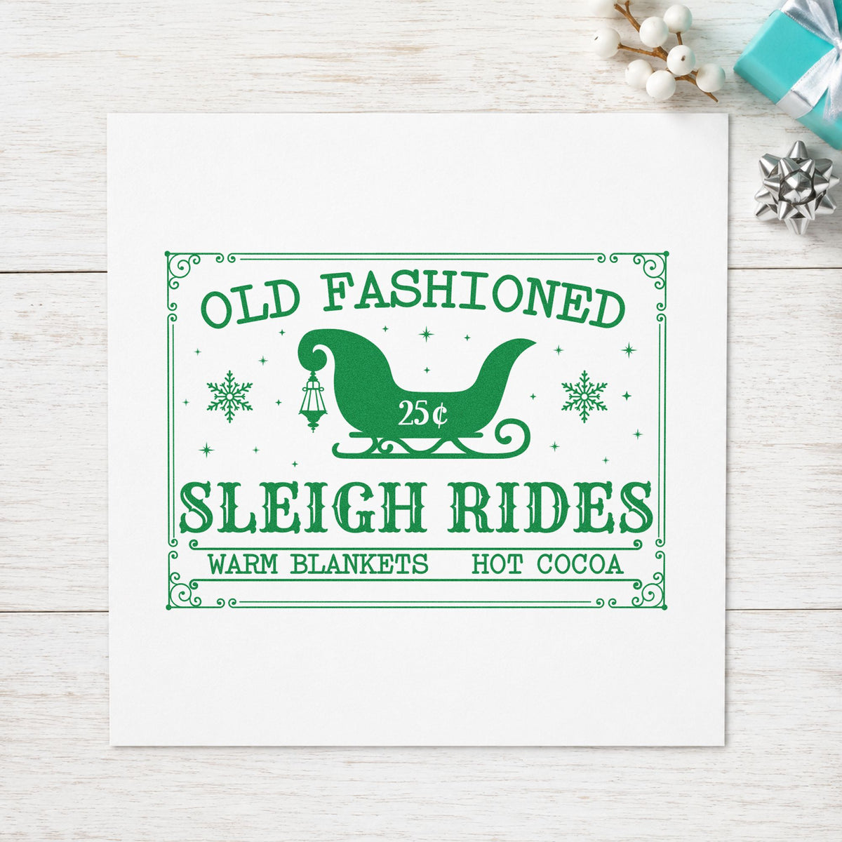 Old Fashioned Sleigh Rides craft stamp imprinted in green ink on paper, a design suited to framed barn entry.