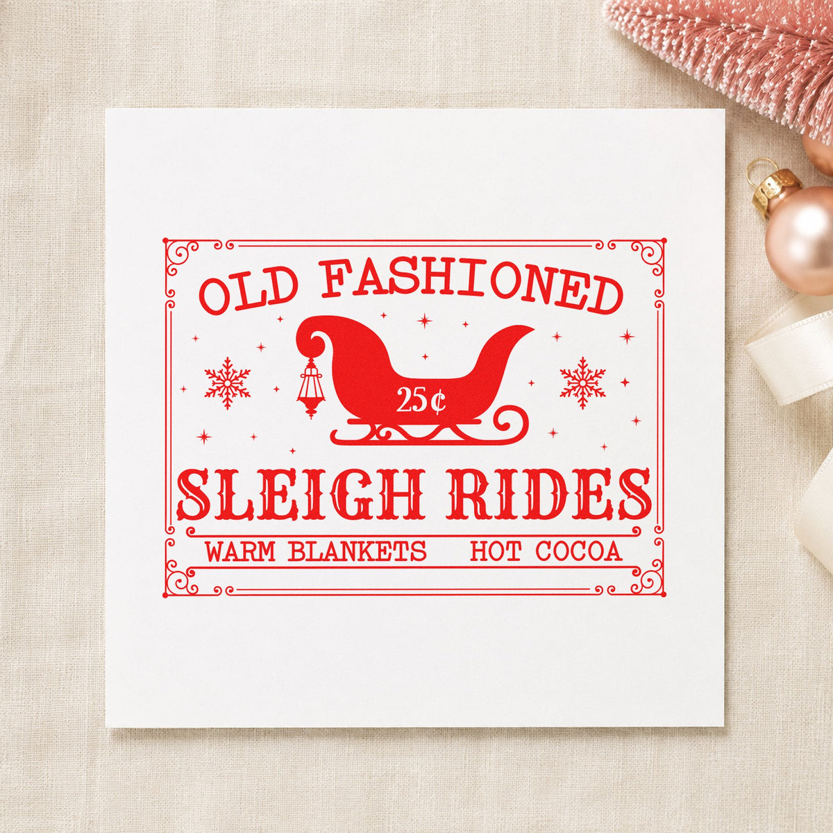 Old Fashioned Sleigh Rides rubber stamp shown in red ink, stamped for projects such as urn spout labels.