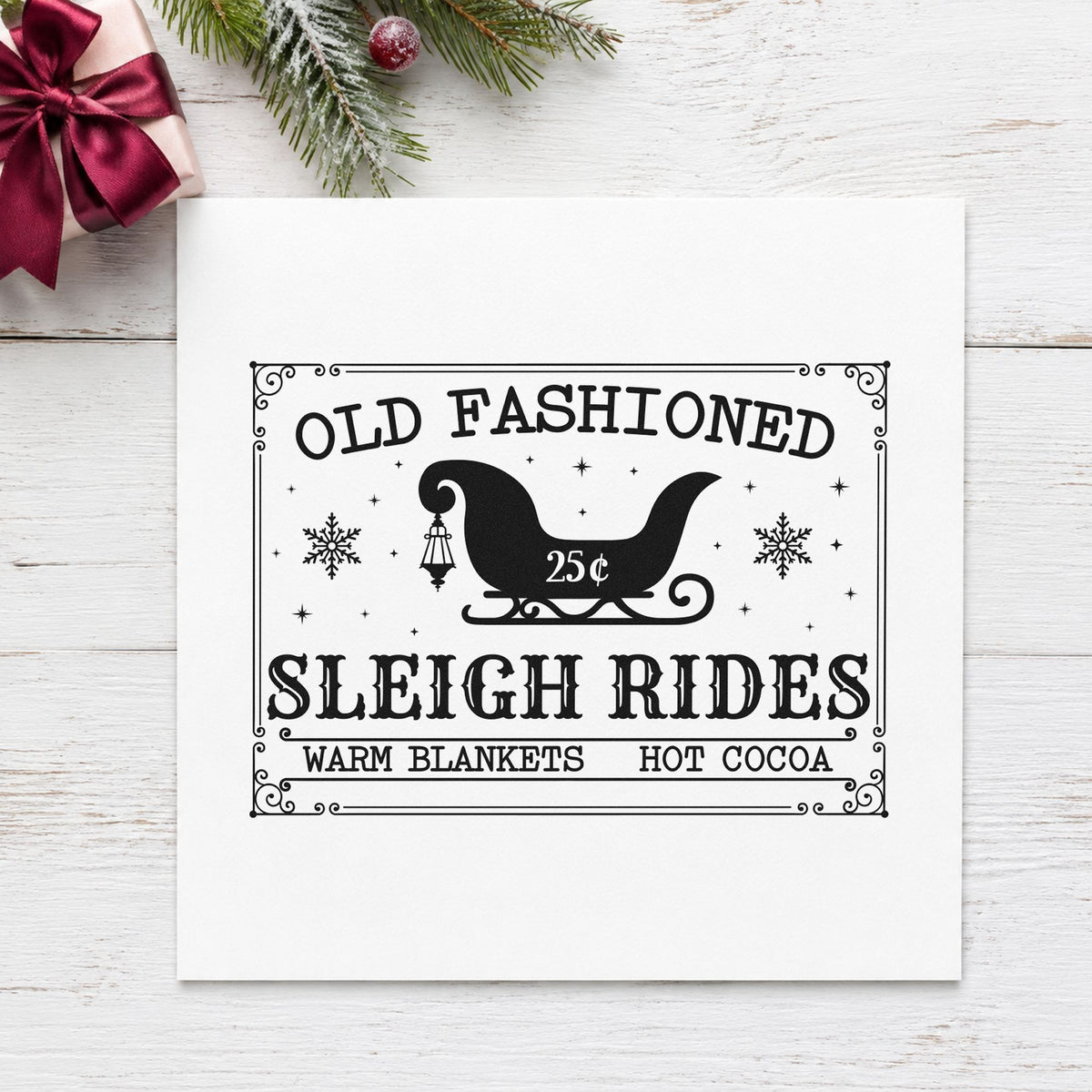 Old Fashioned Sleigh Rides rubber stamp printed in black ink, ready for old fashioned cards and similar paper crafts.