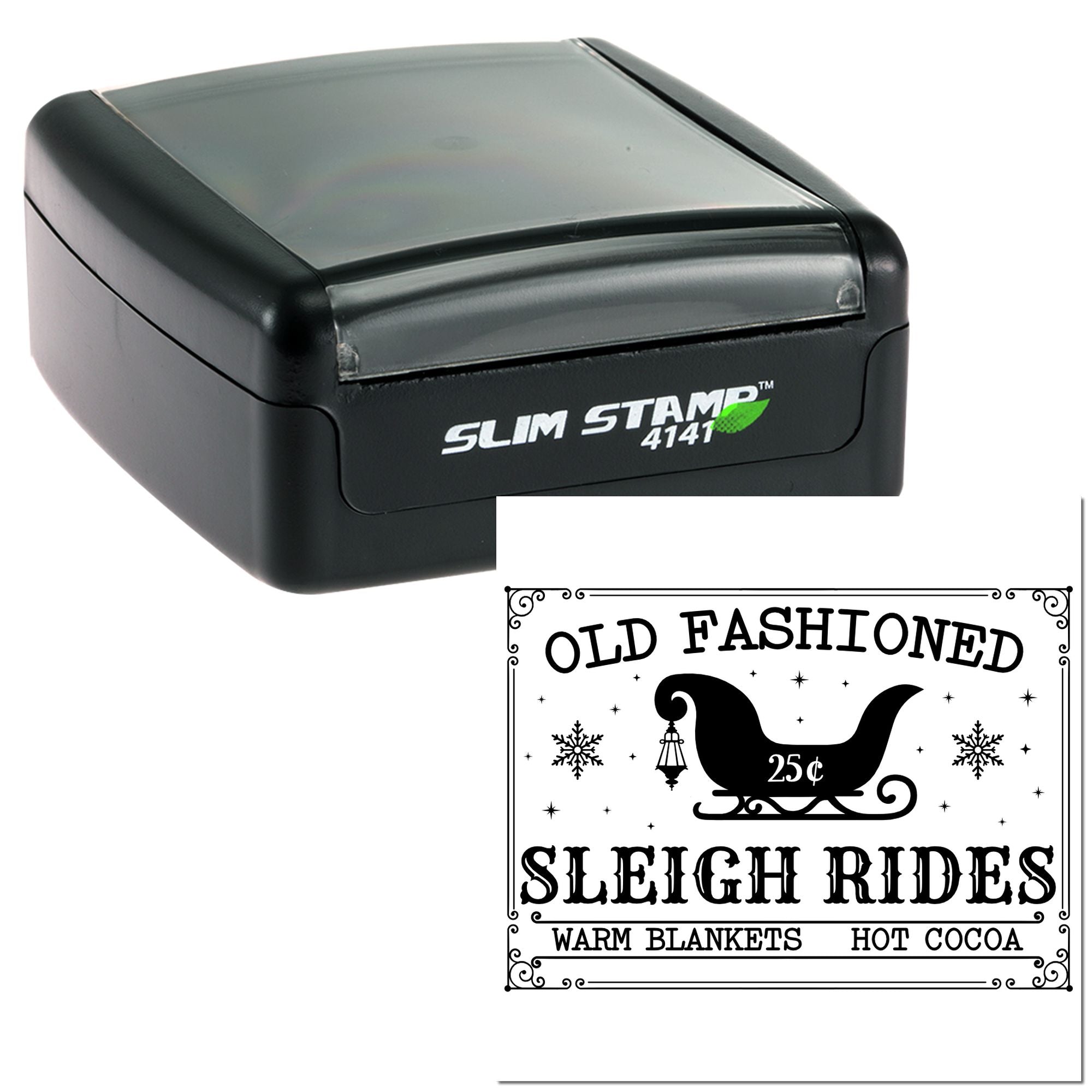 Slim Stamp 4141 custom rubber stamp with Old Fashioned Sleigh Rides design for winter events, holiday crafts, and packaging.