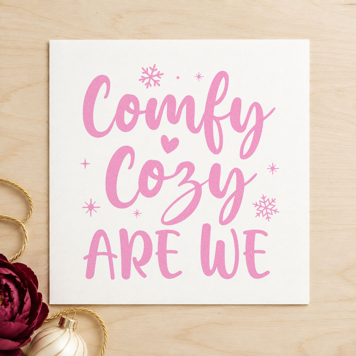 Comfy Cozy Are We craft stamp in purple ink on cardstock, an easy option for home night album.
