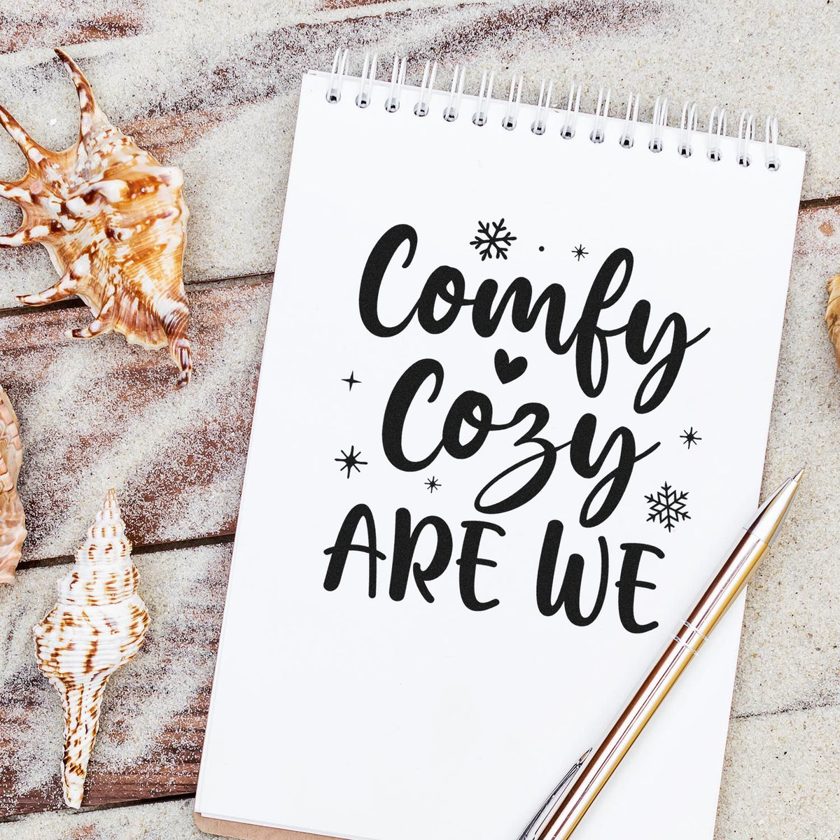 Comfy Cozy Are We Snowflakes Stamp - Premium Vintage Pro Wooden imprint stamped in black ink. The words "Comfy cozy are we" include a small heart, snowflakes, and stars.