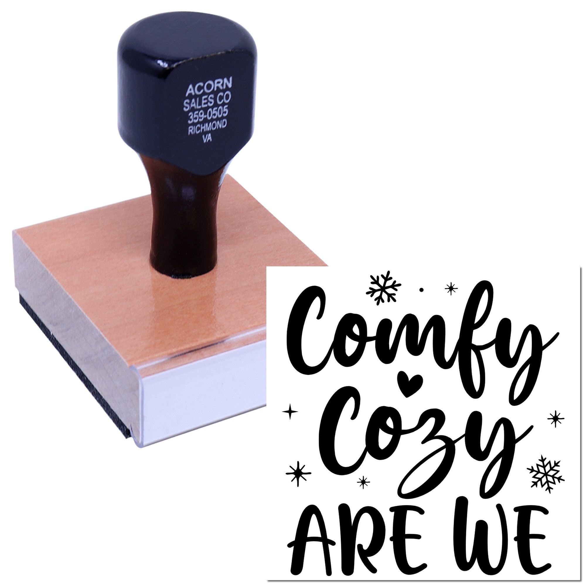 Custom wood handle rubber stamp with Comfy Cozy holiday design and snowflakes for cards, crafts, and packaging.