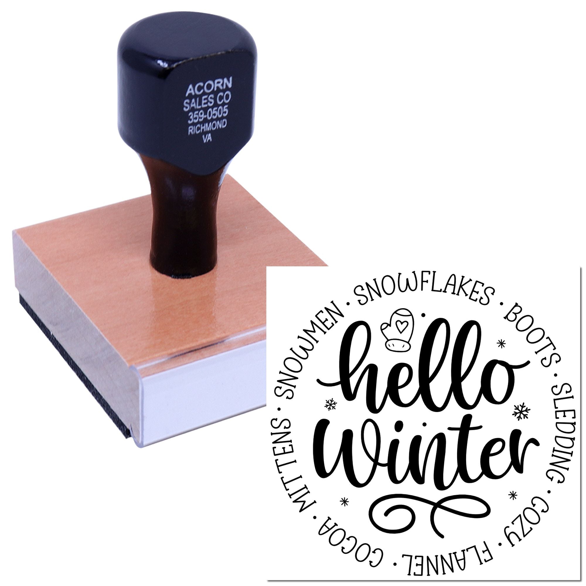 Rubber stamp with Hello Winter design for seasonal cards, crafts, and handmade holiday packaging.