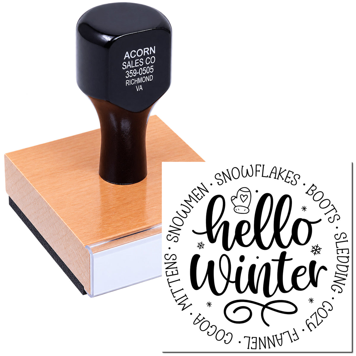 Rubber stamp with Hello Winter design for seasonal cards, crafts, and handmade holiday packaging.