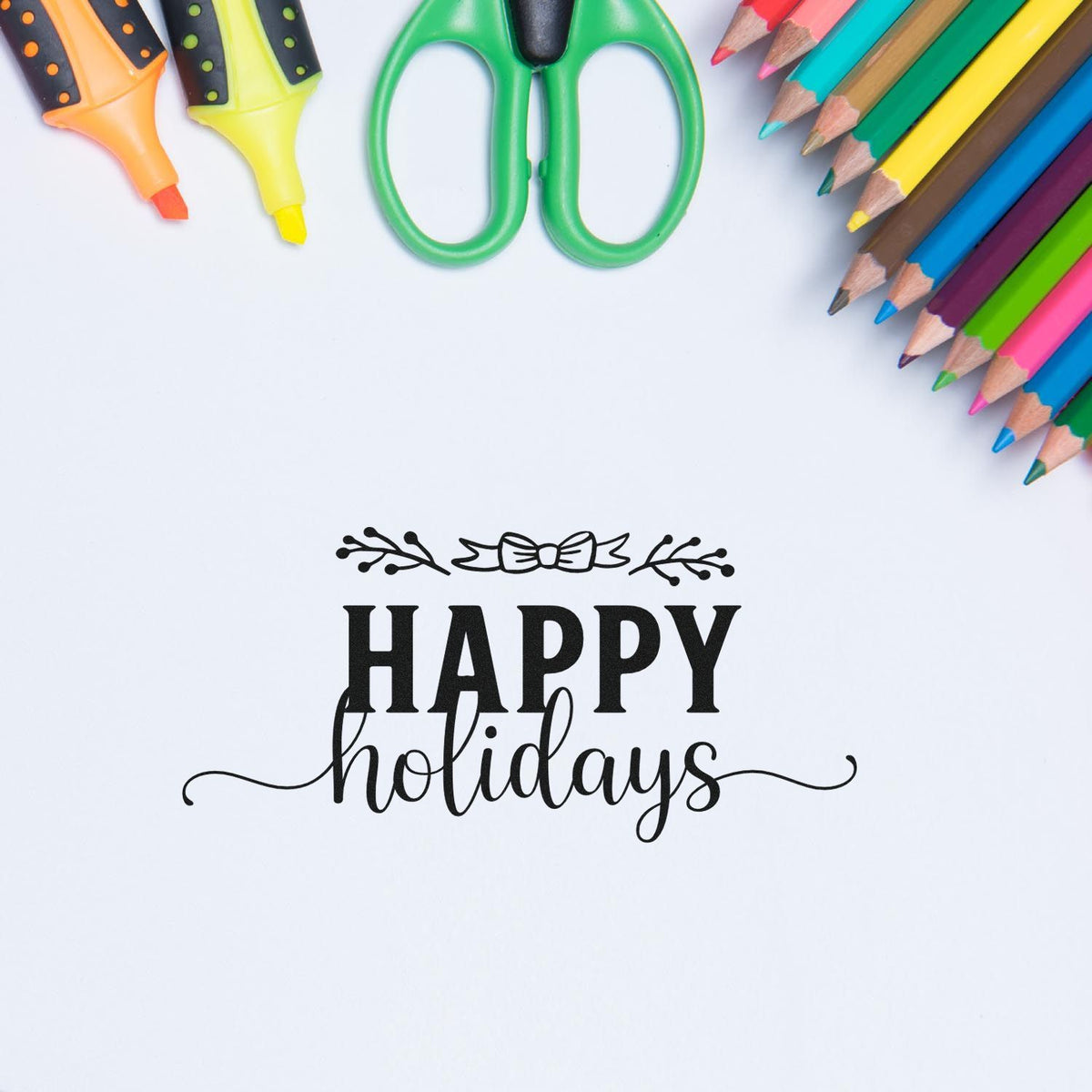 Premium Wooden Happy Holidays Leafy Flourished Lettering Stamp - Vintage Pro imprint stamped in black ink. The greeting "Happy holidays" appears with a leafy flourish above and fine curling lines below.