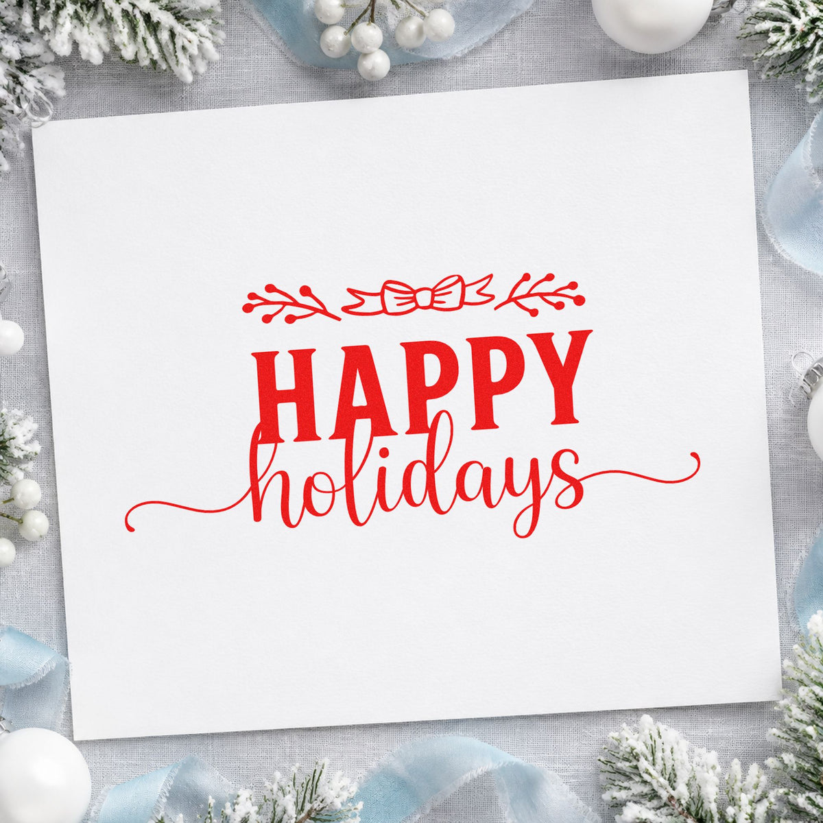Happy Holidays Leafy Flourish rubber stamp shown in red ink, stamped for projects such as shelf edge labels.