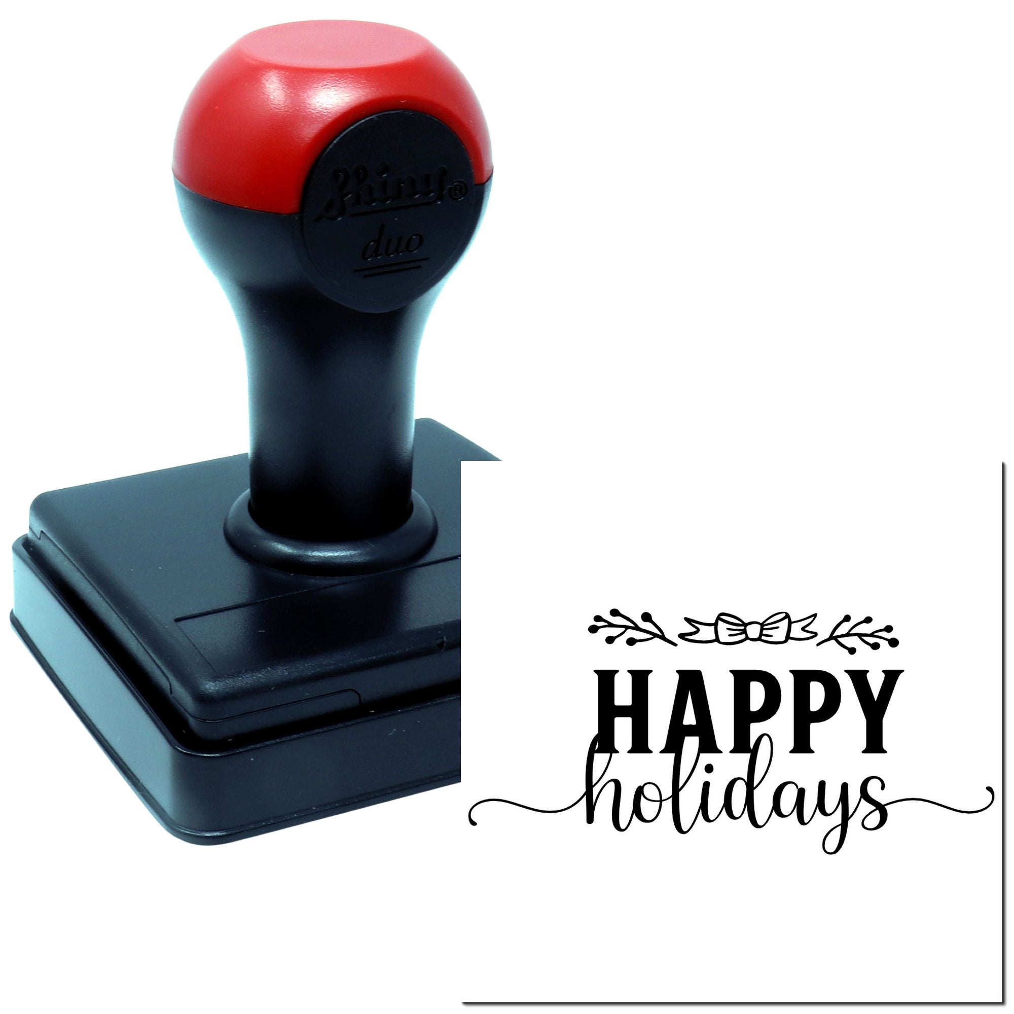 Self-inking rubber stamp with Happy Holidays design for festive cards, packaging, and holiday stationery.