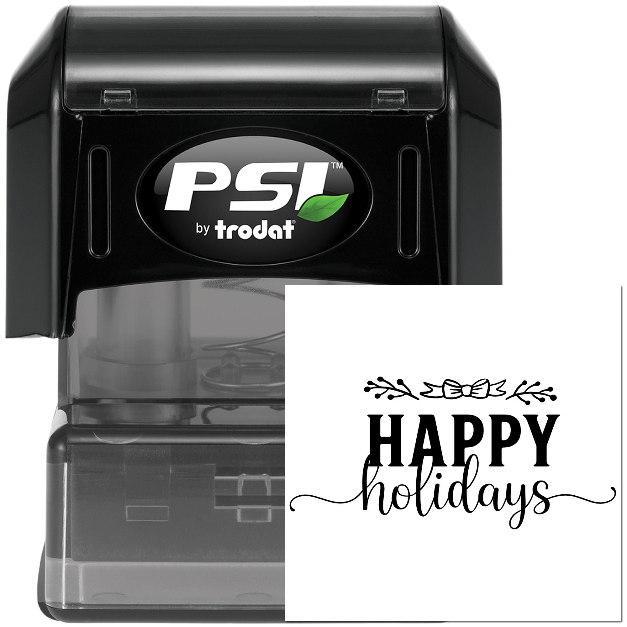 PSI by Trodat self-inking rubber stamp with Happy Holidays design for festive holiday cards and packaging
