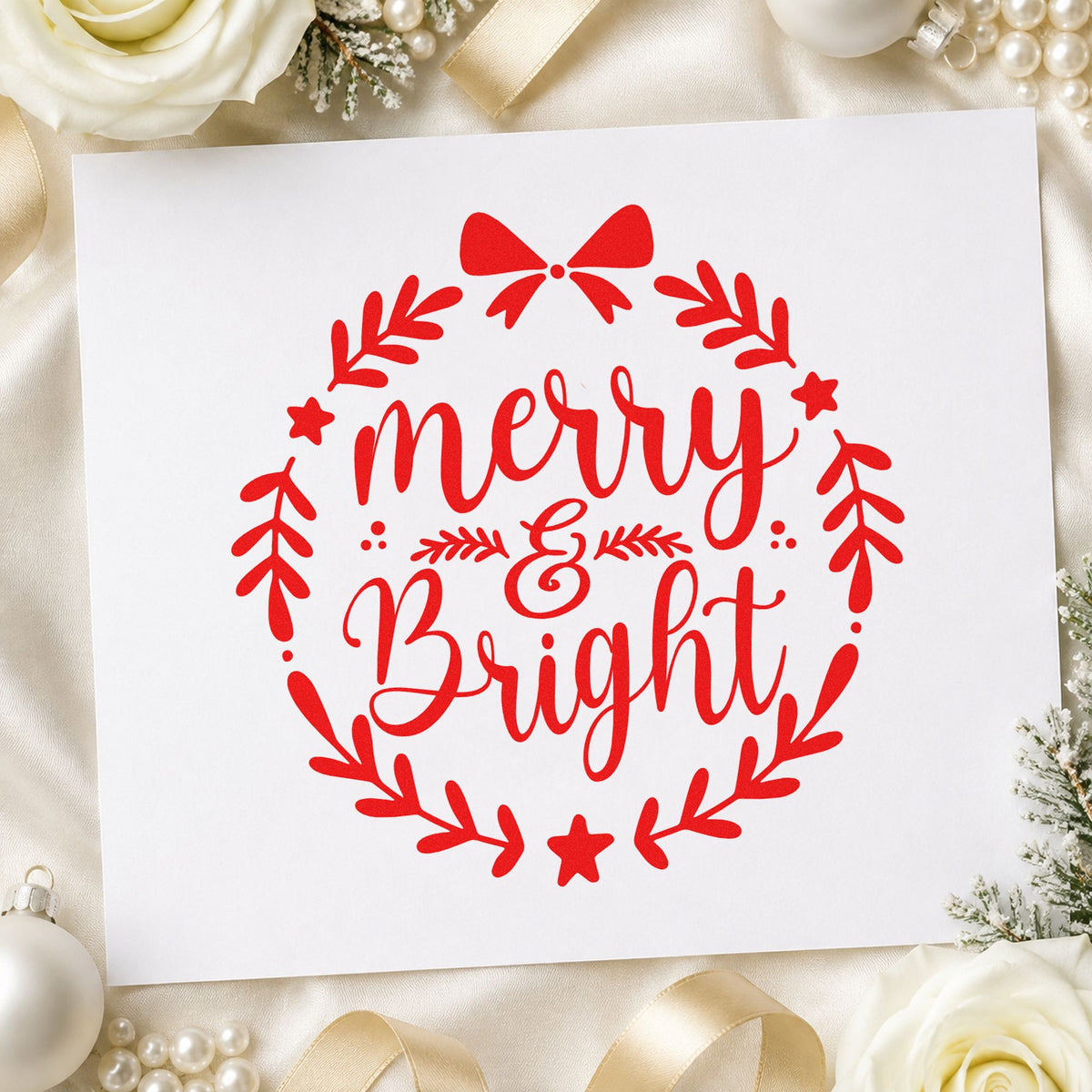 Merry And Bright Wreath rubber stamp shown in red ink, stamped for projects such as greens crate labels.