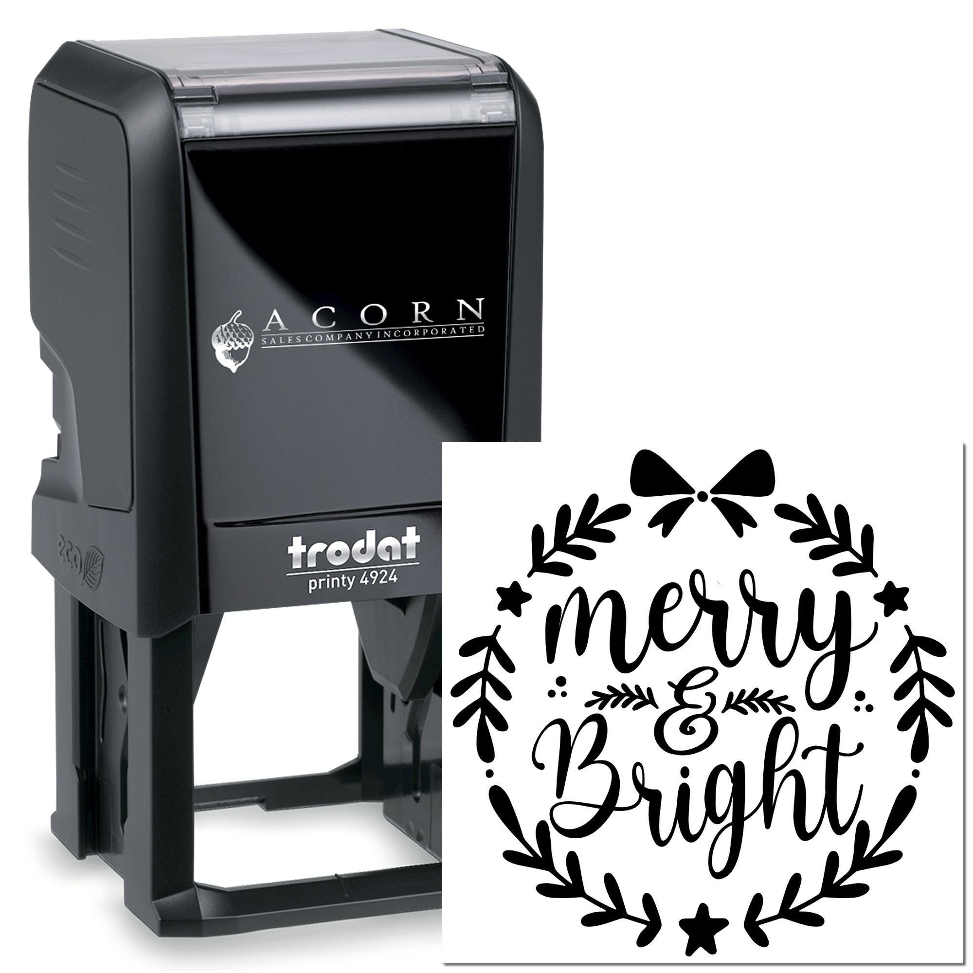 Custom Trodat self-inking rubber stamp with Merry & Bright wreath design for holiday cards, gifts, and packaging.