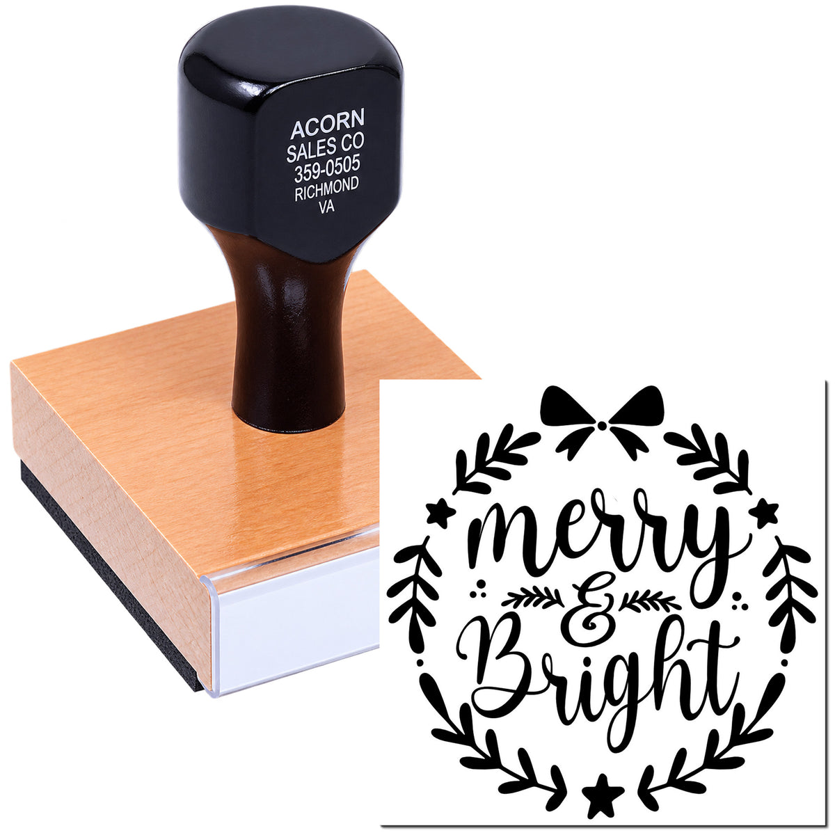 Custom wooden rubber stamp with Merry & Bright holiday design for cards and crafts