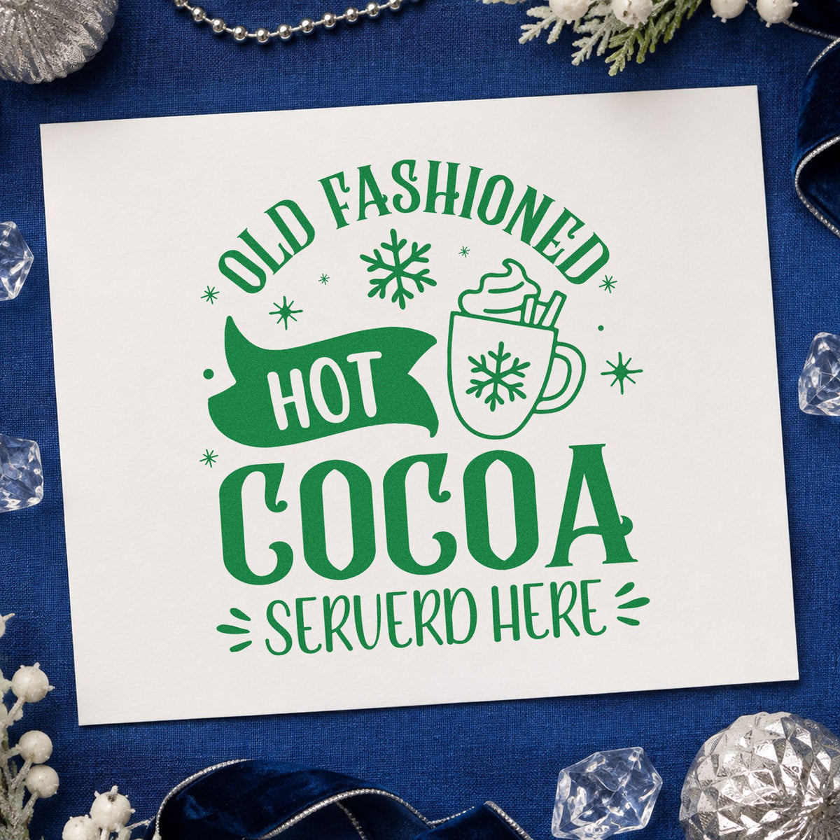 Old Fashioned Hot Cocoa craft stamp imprint in green ink on a handmade project, one idea being price board slips.