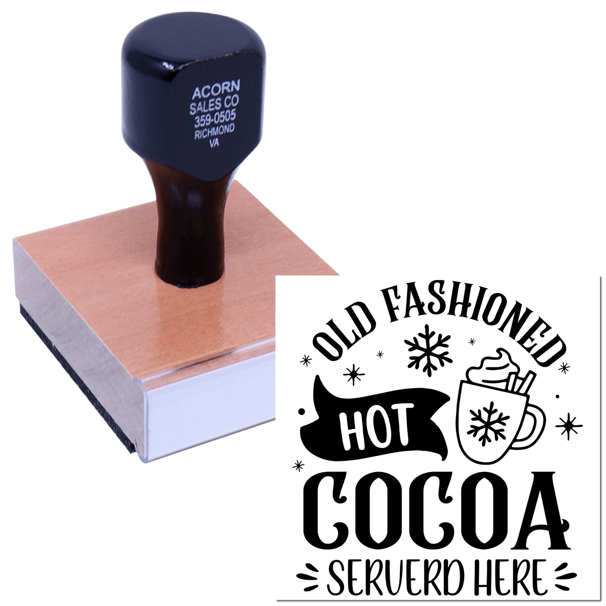 Custom rubber stamp on wooden block with Old Fashioned Hot Cocoa Served Here design for holiday caf and bakery packaging.